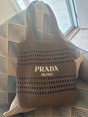 Prada Brown Crochet Messenger Bag with Embroidered Logo